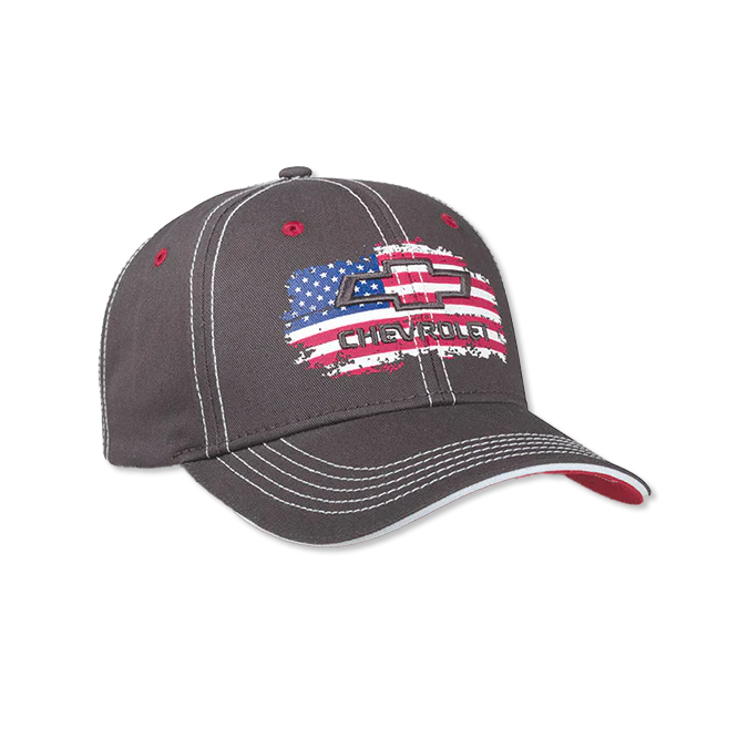 Chevy Bowtie Gray Twill Flag Cap W/ Red Visor